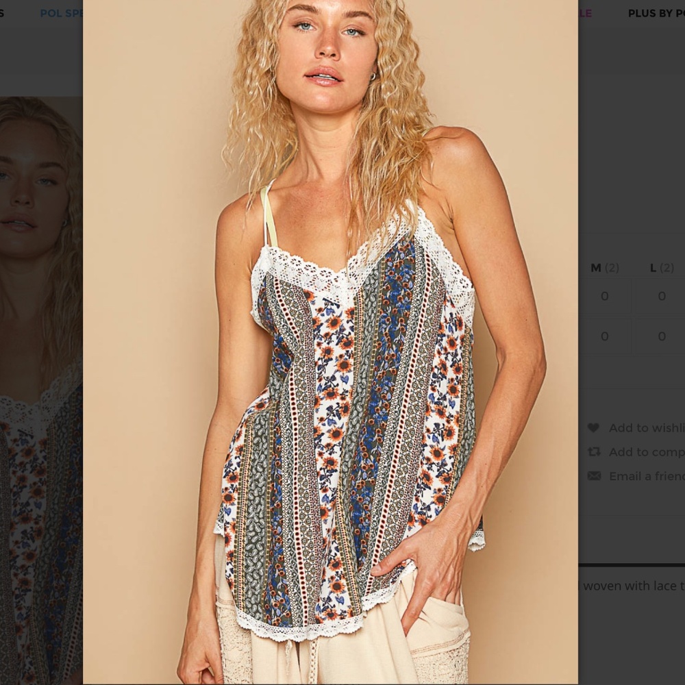 POL Striped Floral Lace-Trim Tank Top in White, Blue, Brown